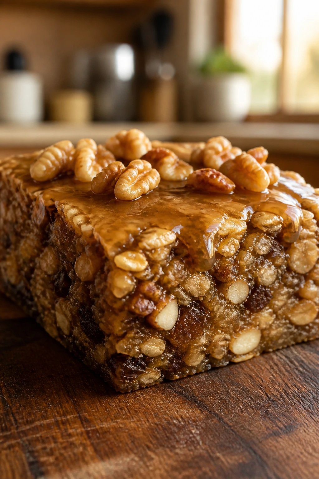 Close-up of a chewy oat-and-date bar with walnuts and maple glaze on a wooden cutting board