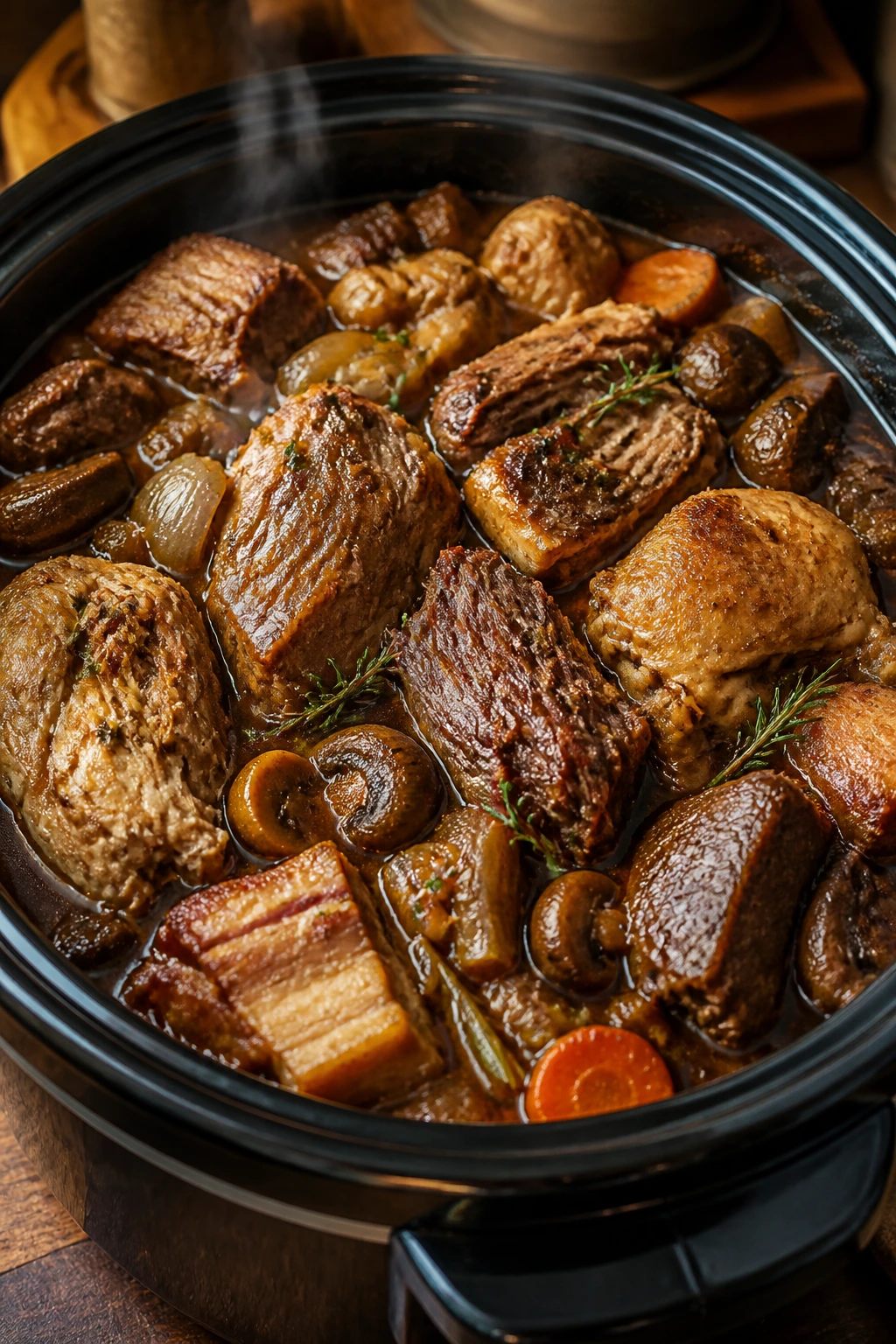 Braised pot with mixed proteins and vegetables in a slow cooker