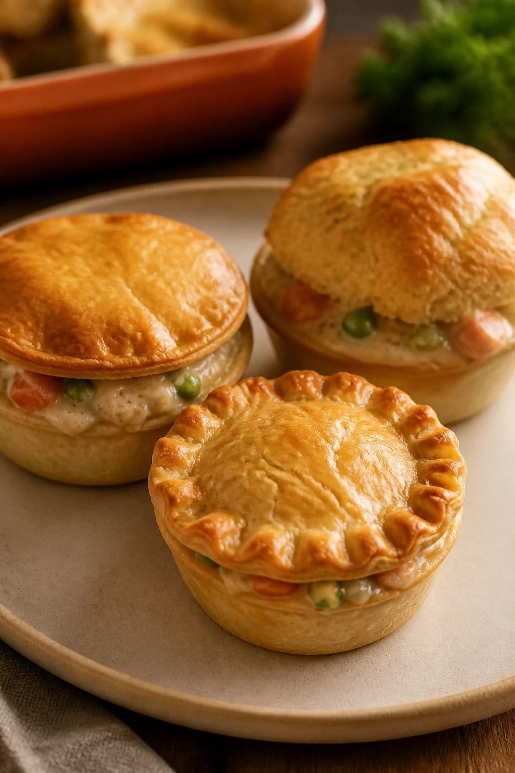 Plate with three mini chicken pot pies showing different crust tops.