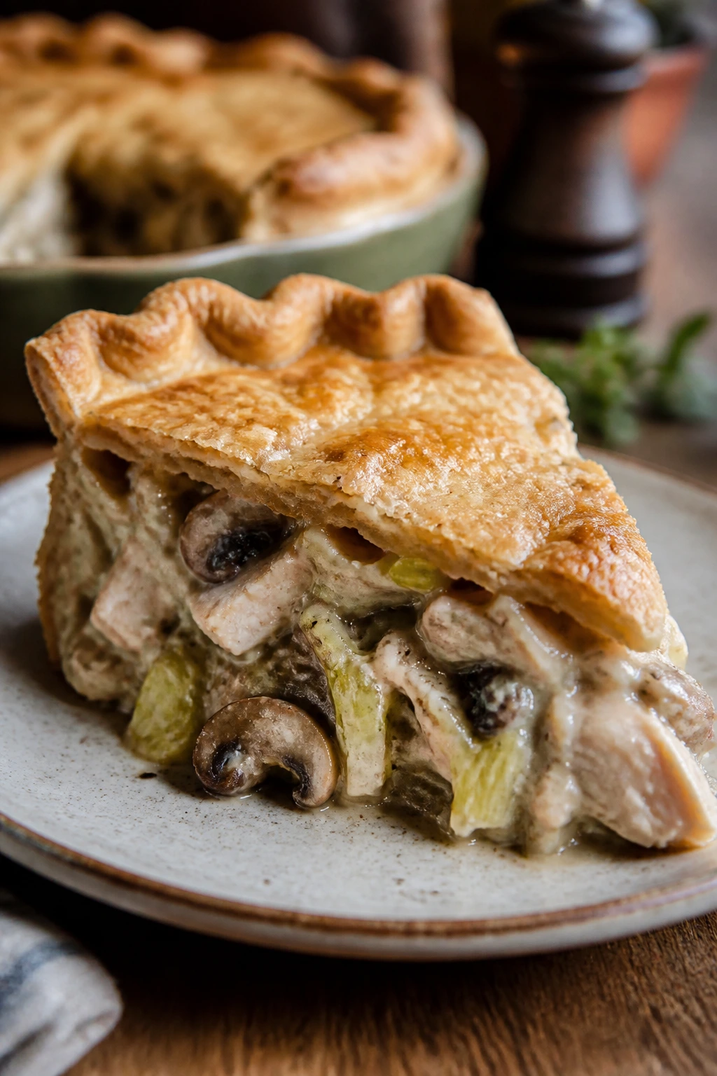 Plated pie wedge showing variation ingredients: chicken, leek, mushrooms