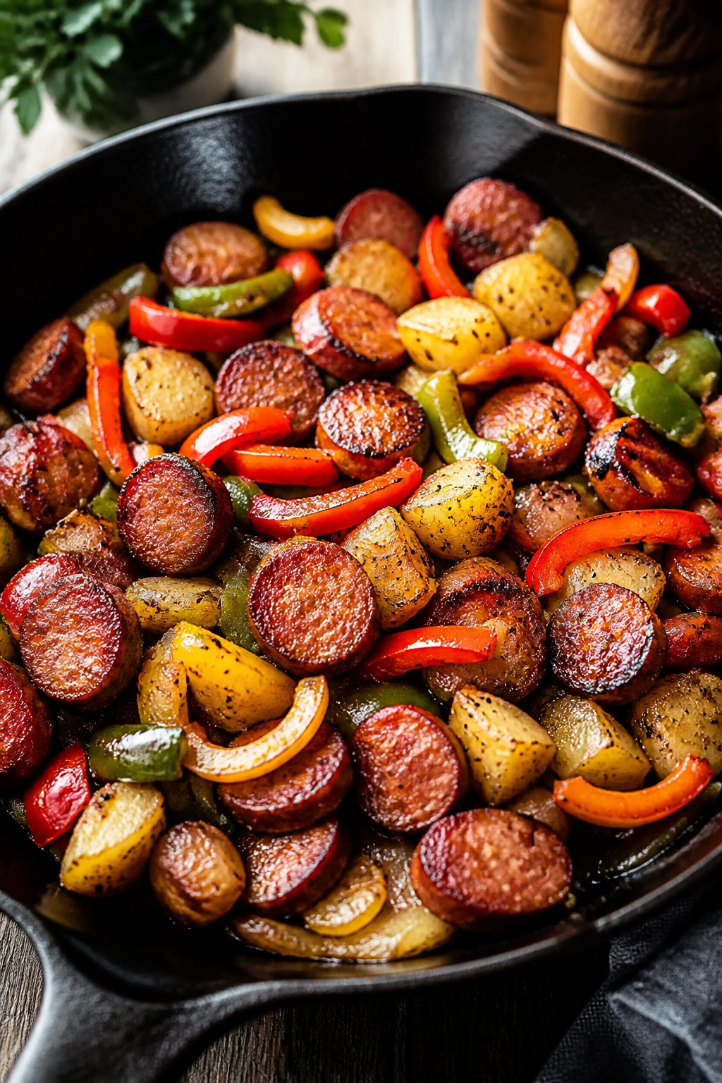 Skillet with peppers and sausage showing crisp edges