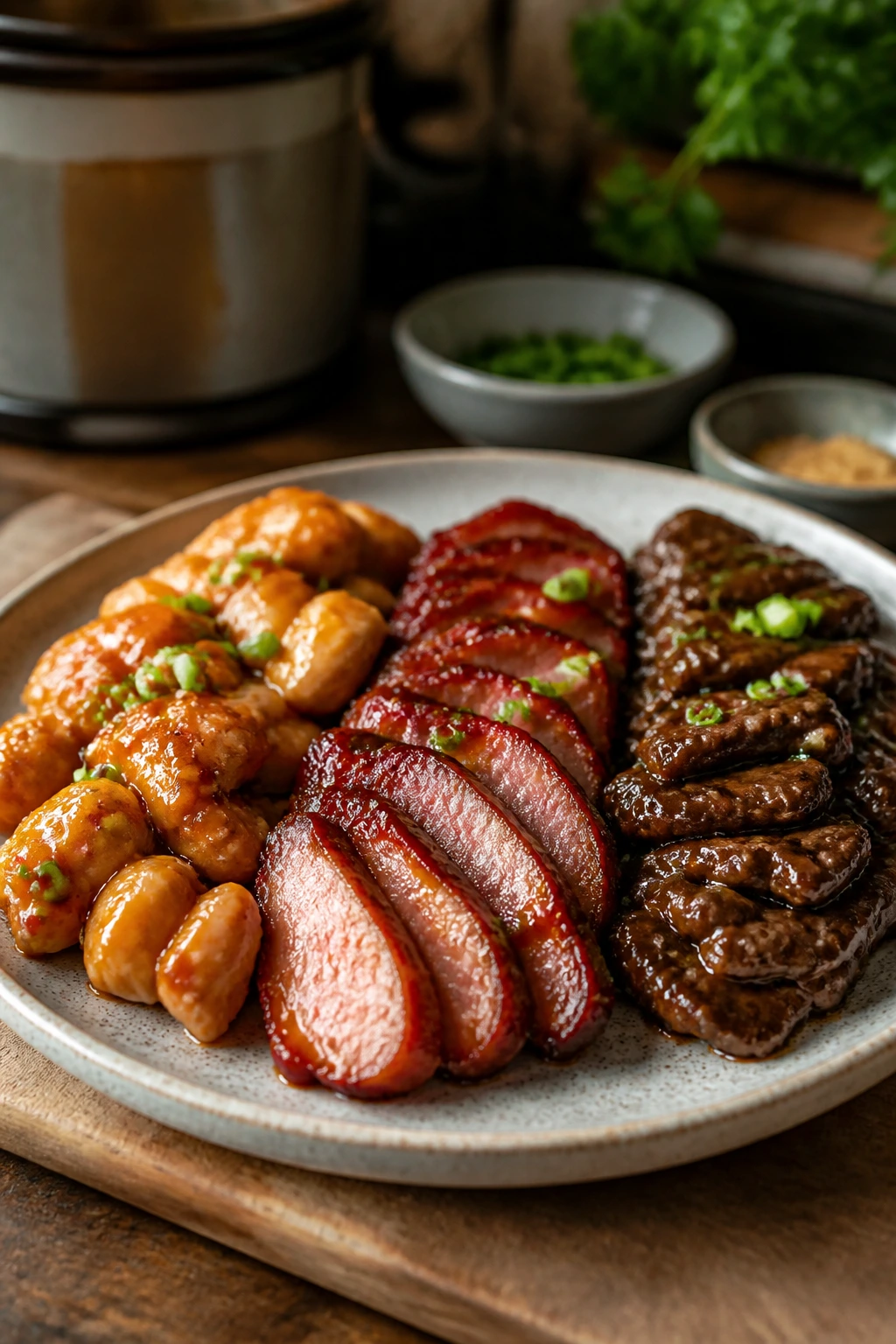Plate with three glazed proteins showing variations for crockpot Chinese.