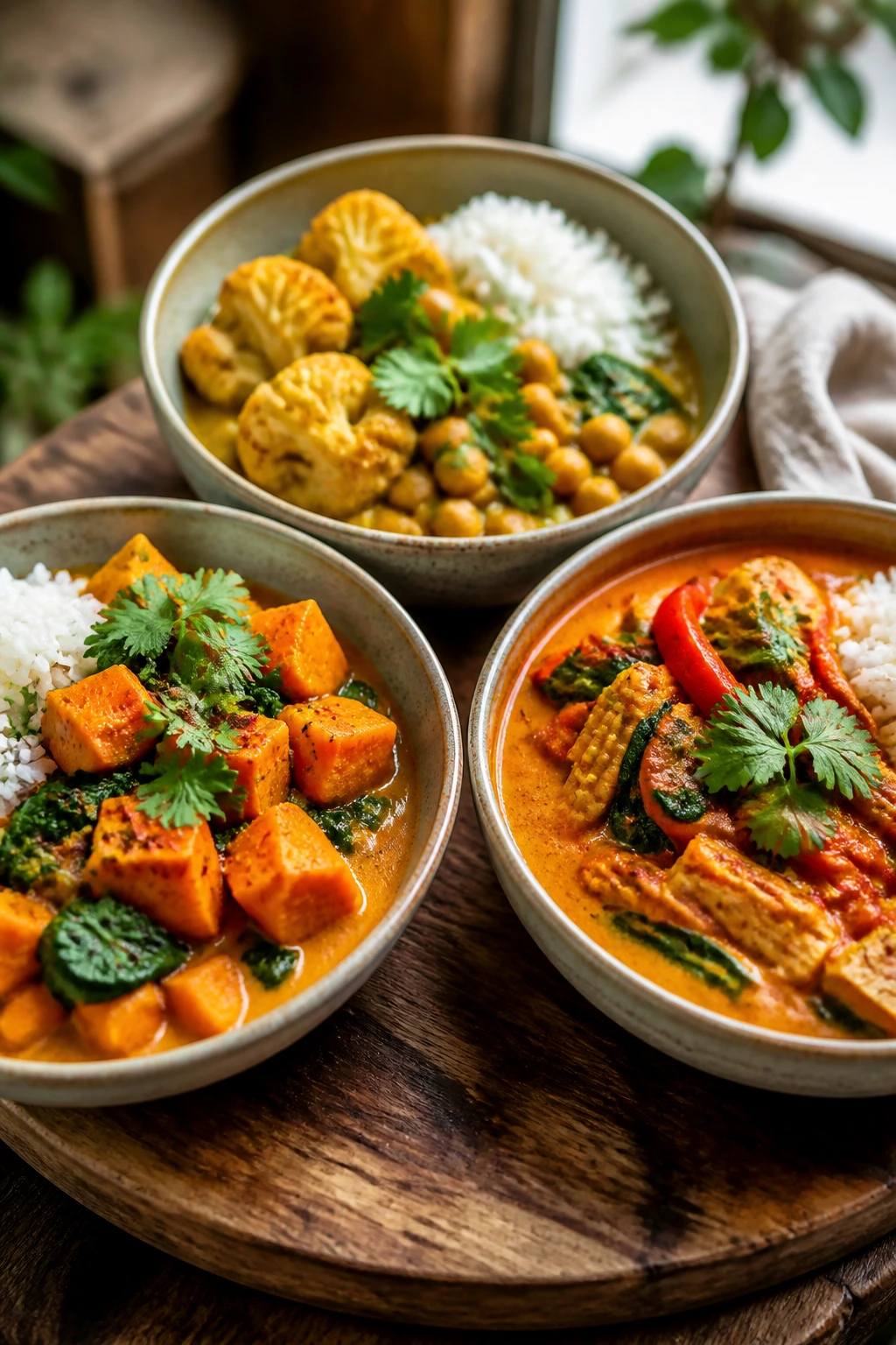 Three curry variations in bowls on wood board, dairy-free dinner concept