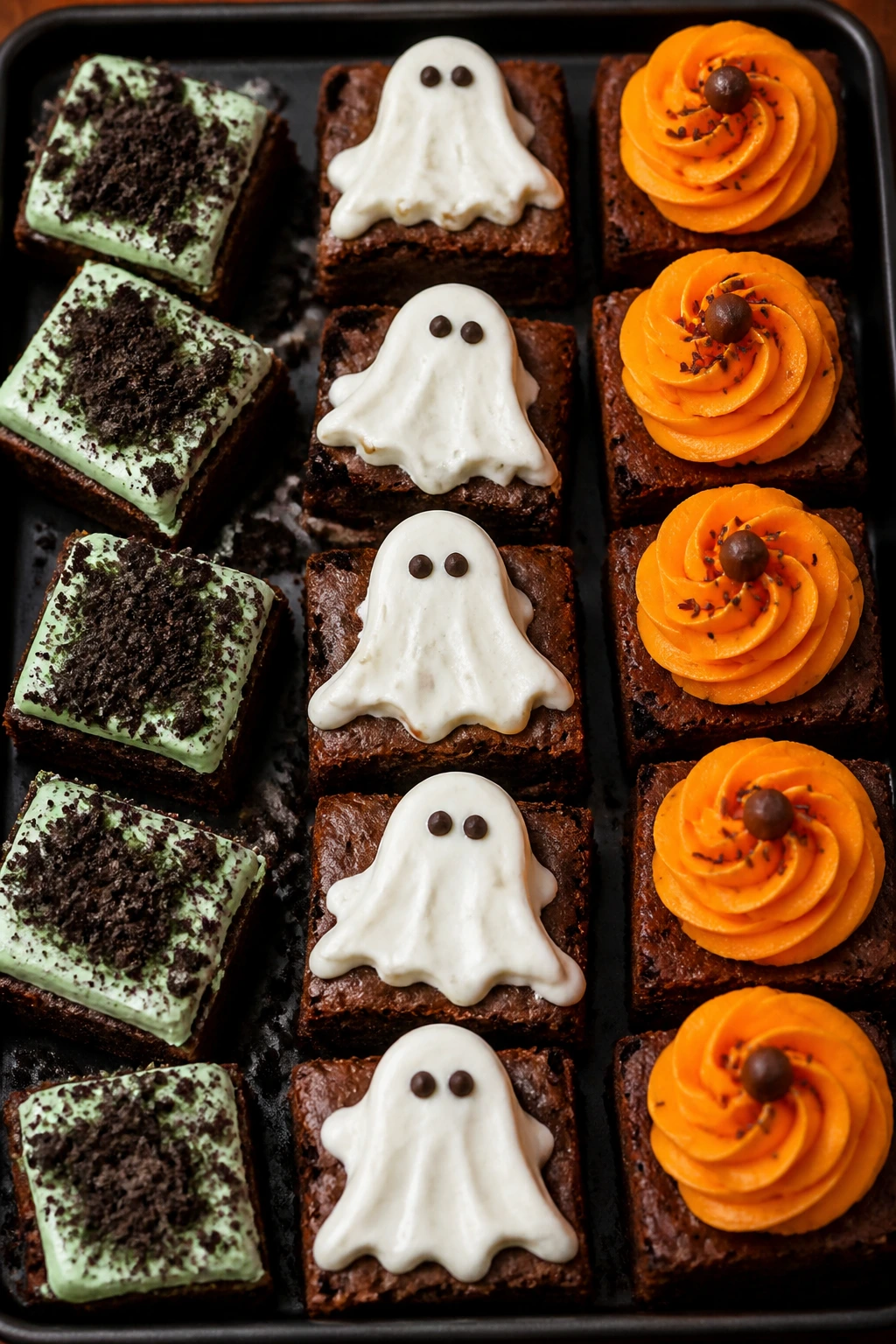 Top-down view of a tray with mint, ghost, and pumpkin graveyard brownies