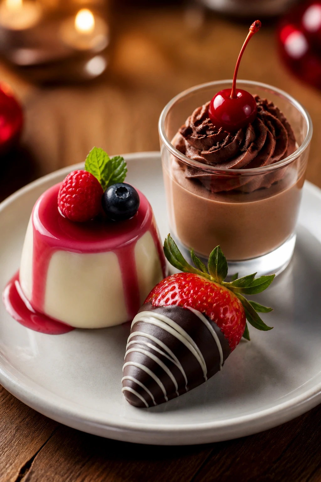 Dessert plate showing variations: panna cotta, chocolate strawberry, mousse cup