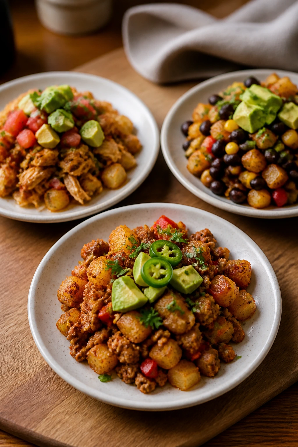 Three variation plates of the dish on a wooden board with warm kitchen lighting.