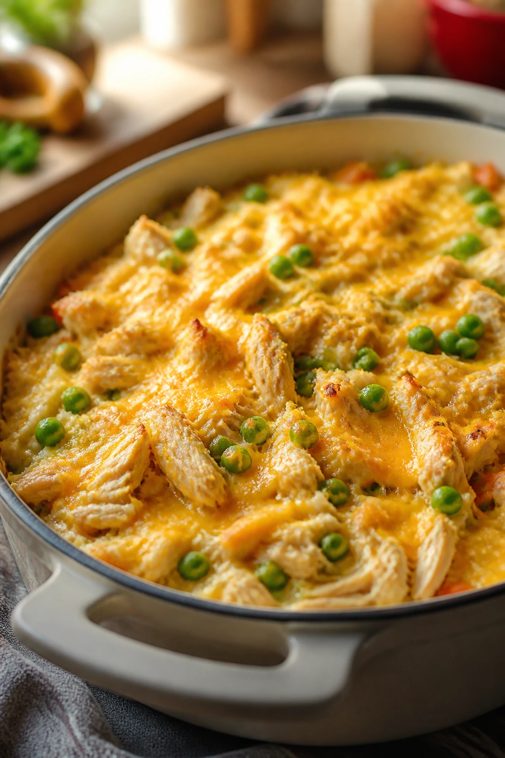 Casserole with peas, chicken, and cheese in a cozy kitchen