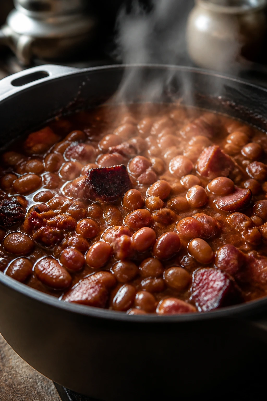 Smoky ham and beans with amber glaze steaming in a kitchen
