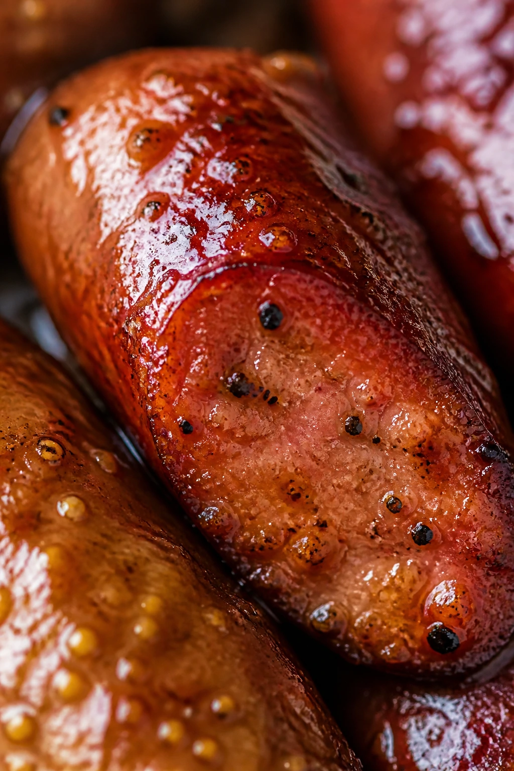 Glazed sausage with glossy surface and color gradient
