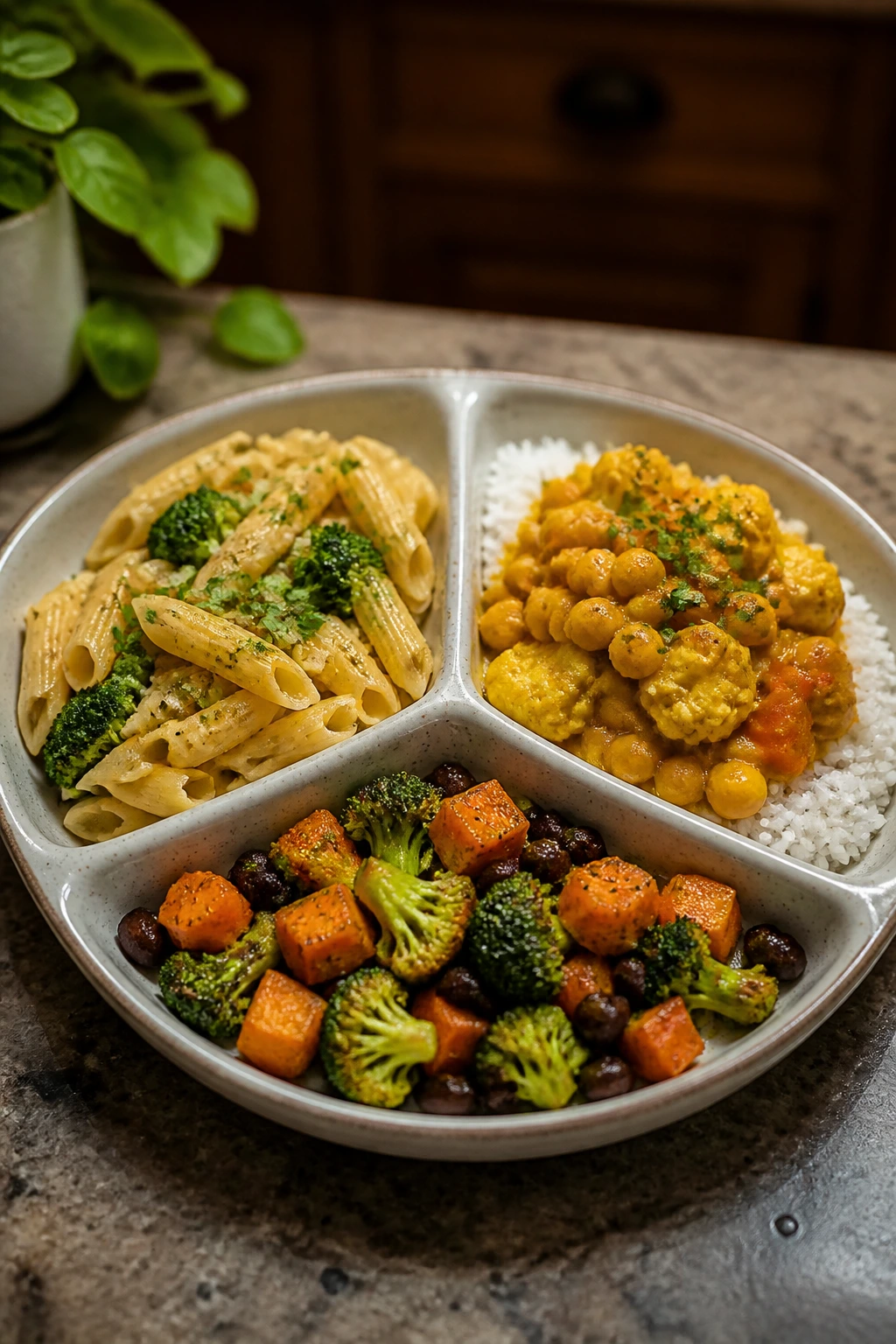 Divided plate showing gluten-free, dairy-free, and vegetarian variations