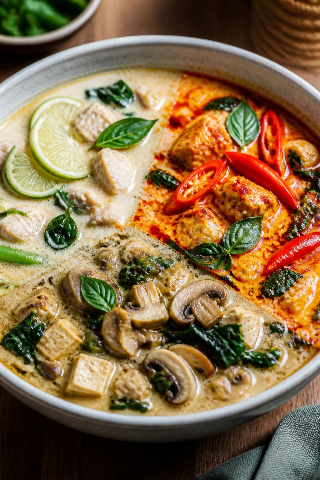 Thai curry bowl with three variation zones for heat levels