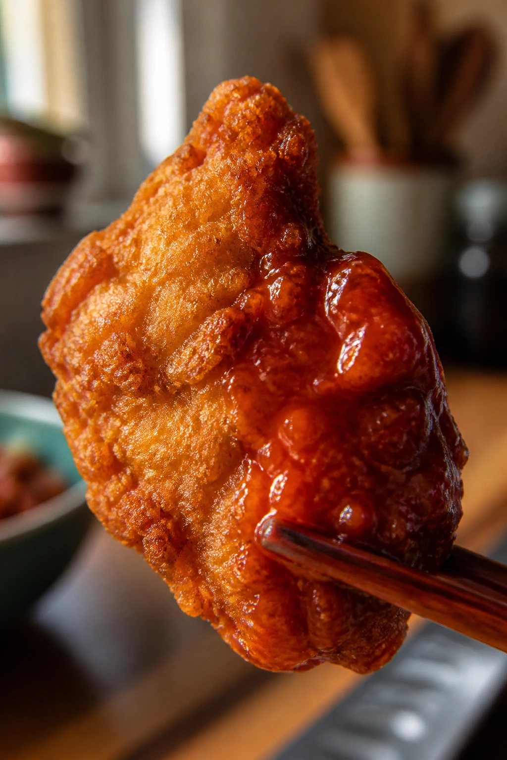 Chicken showing two textures: crispy crust and glossy glaze