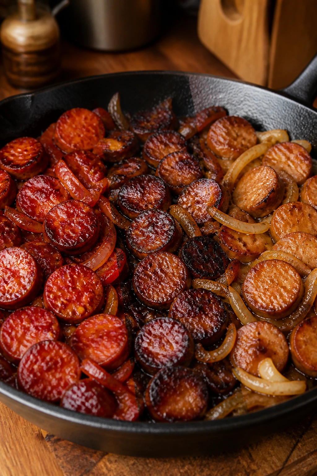 Skillet showing heat, smoke, and sweetness variations in glaze