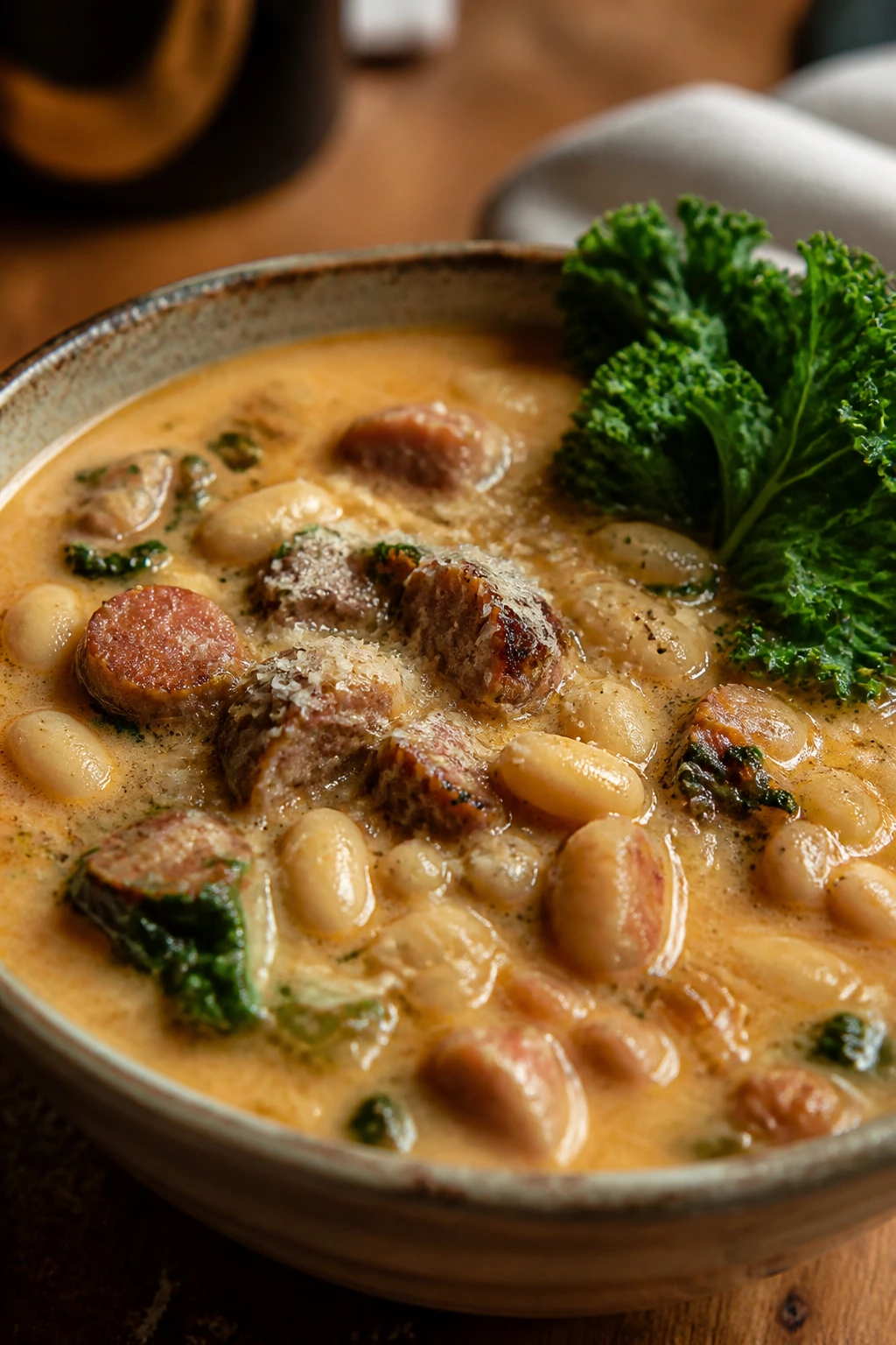 Creamy sausage bean soup with kale variation in a bowl