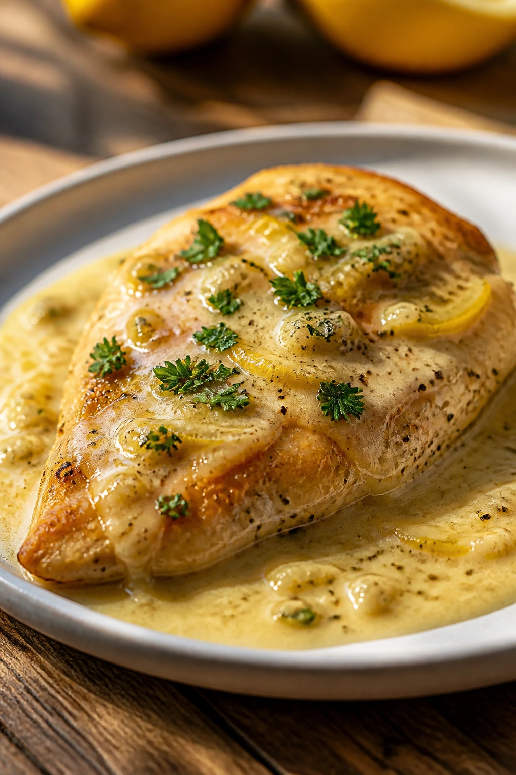 Creamy lemon chicken on plate with glossy sauce and parsley on wooden table