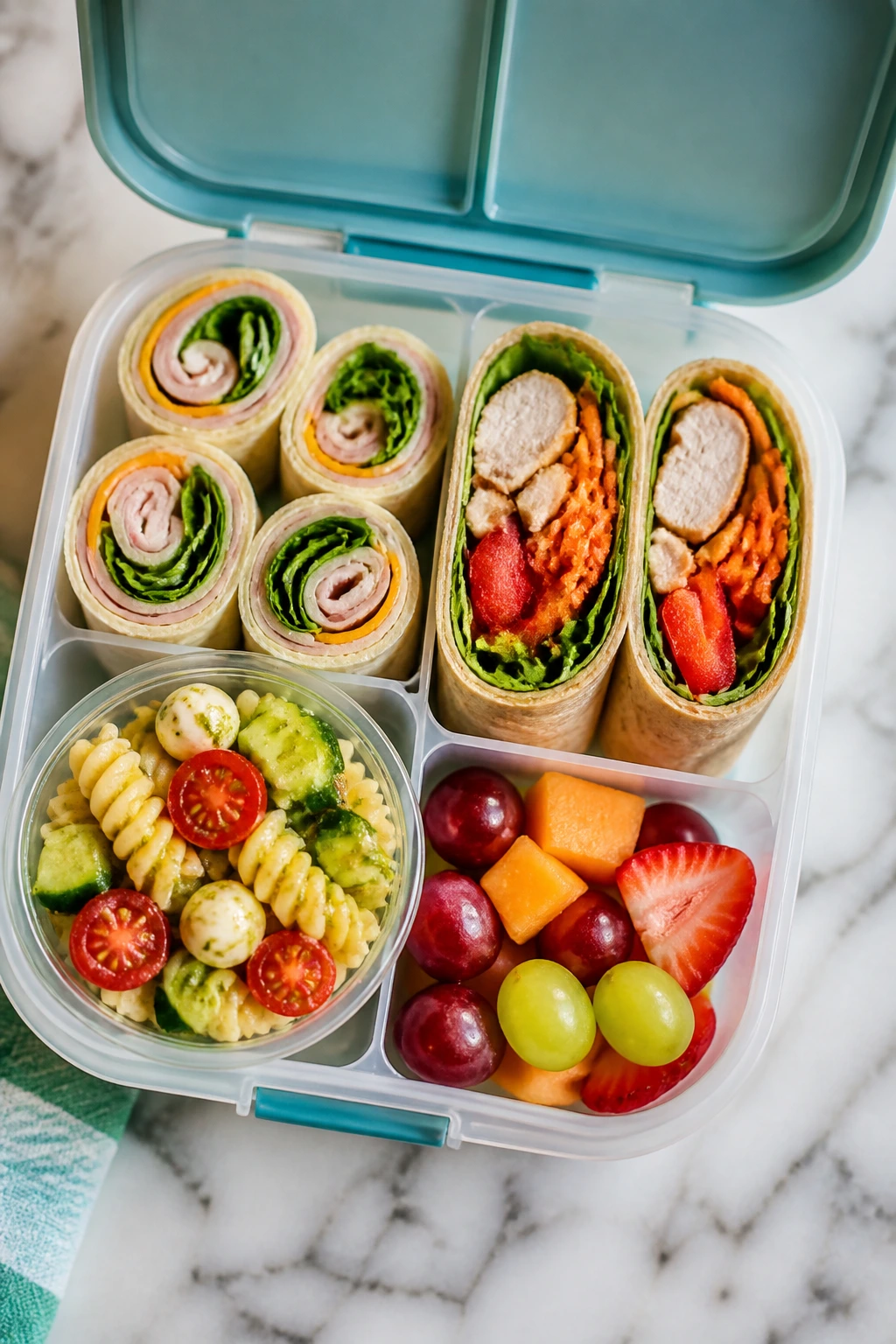 Open bento box with three lunch variations: pinwheels, wraps, pasta cups