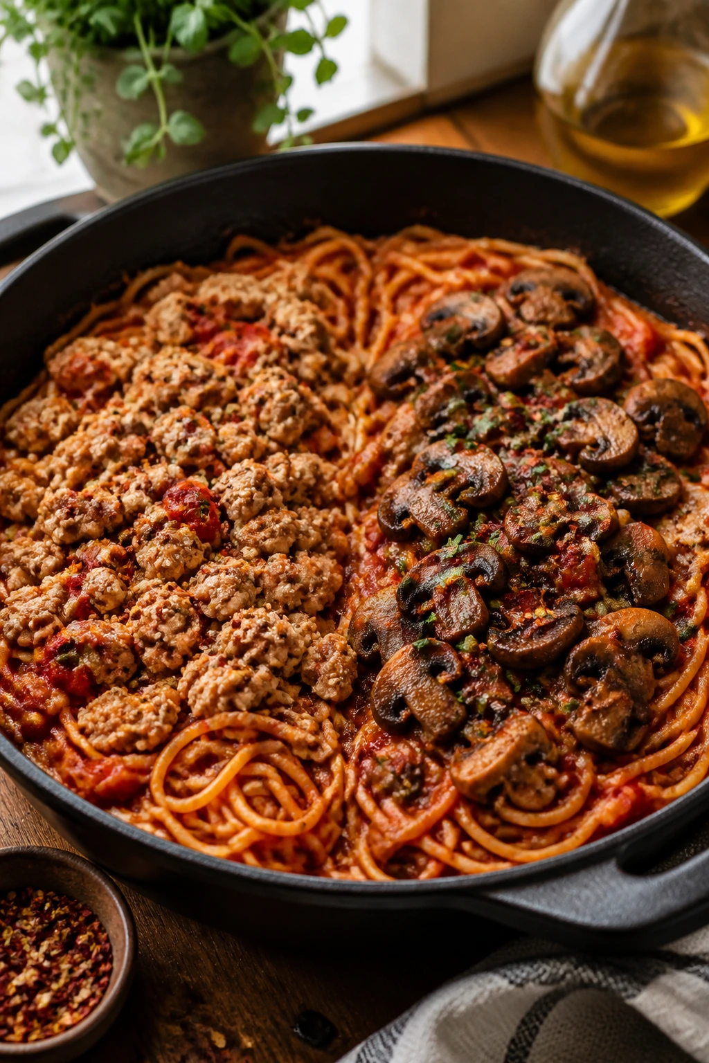 Skillet pasta variation with turkey and mushrooms