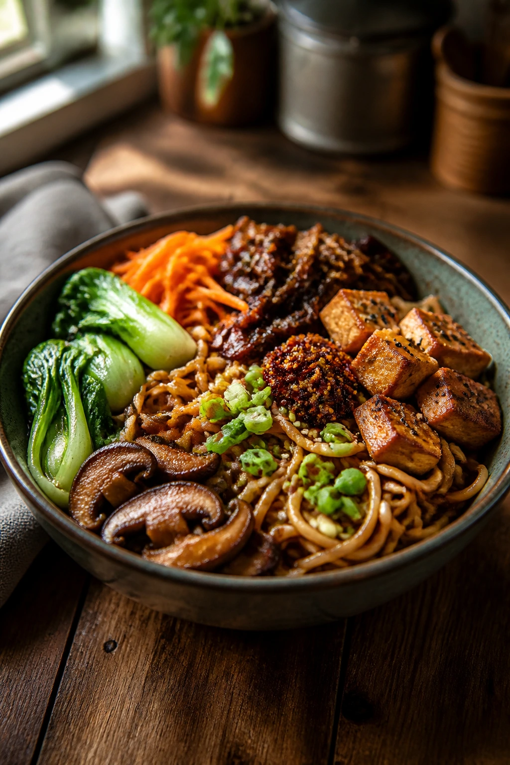 Colorful noodle bowl with varied toppings