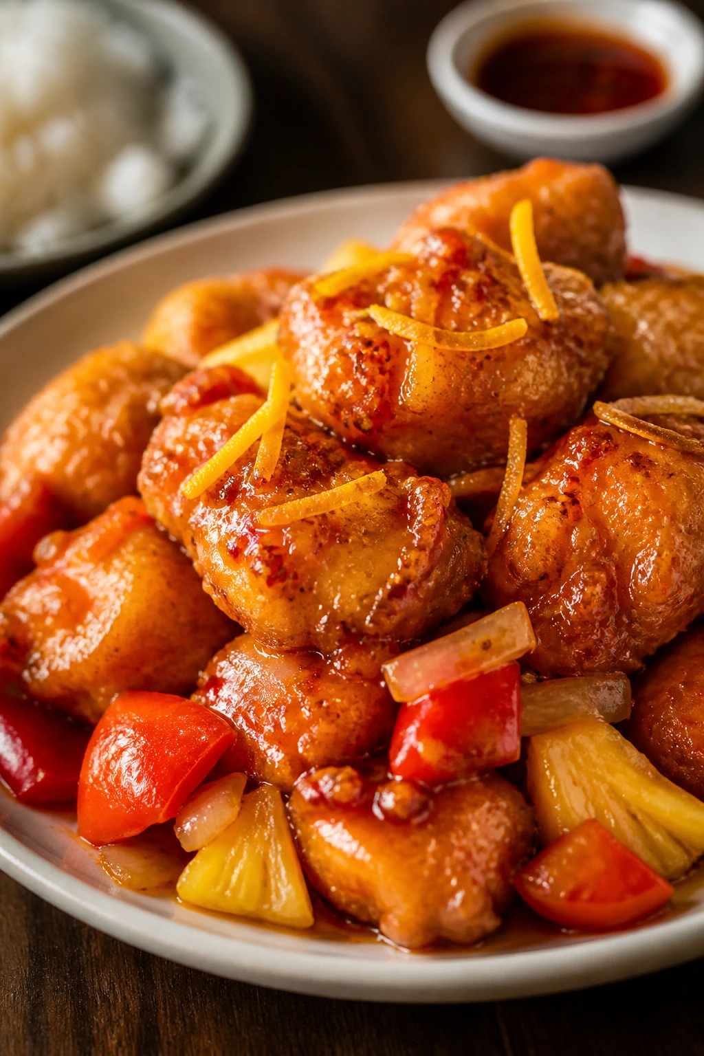 Plate of variations of sweet and sour chicken with zest and garnish