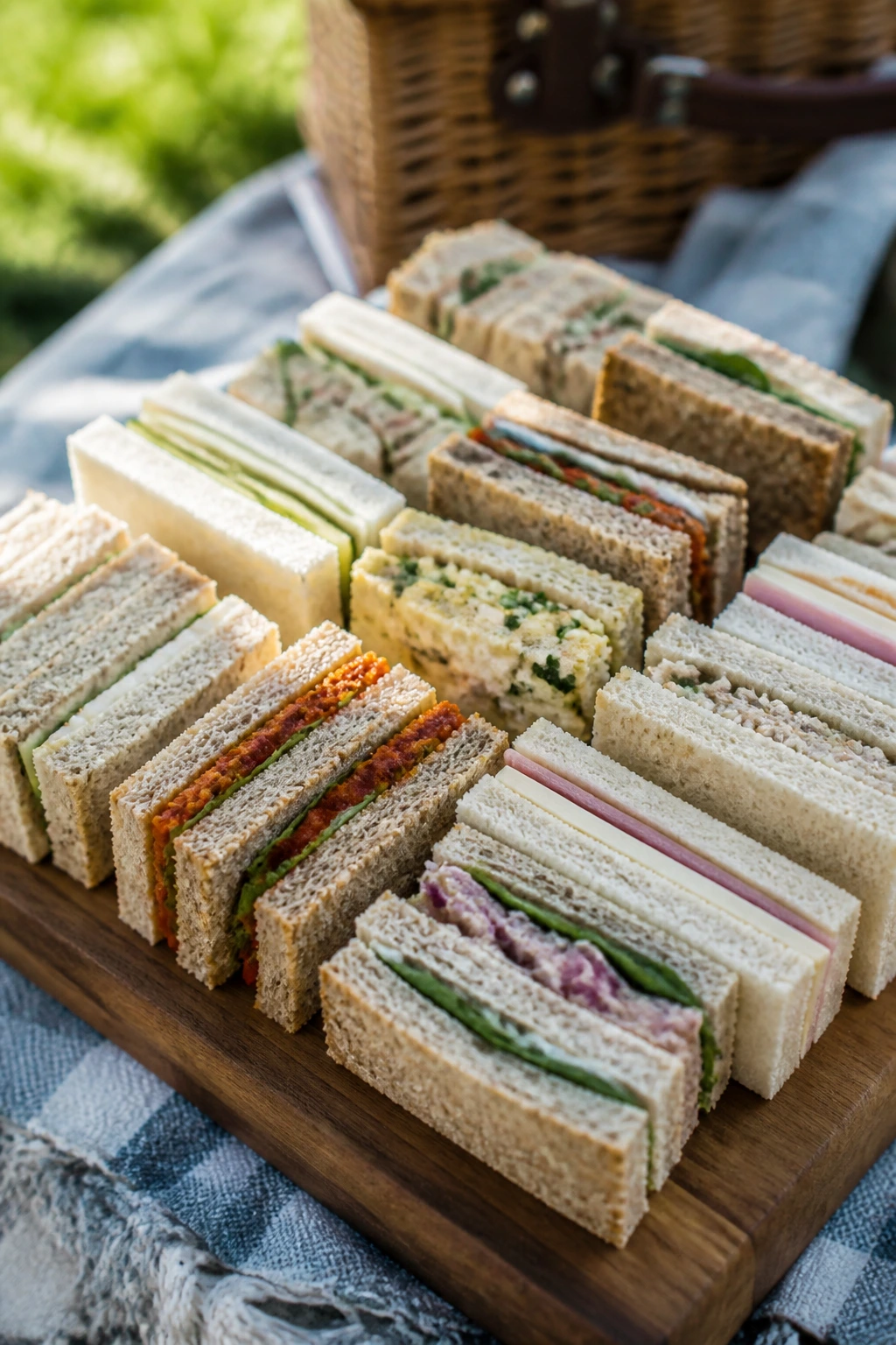 Assorted finger sandwiches showing variations on a rustic board at a sunny picnic.