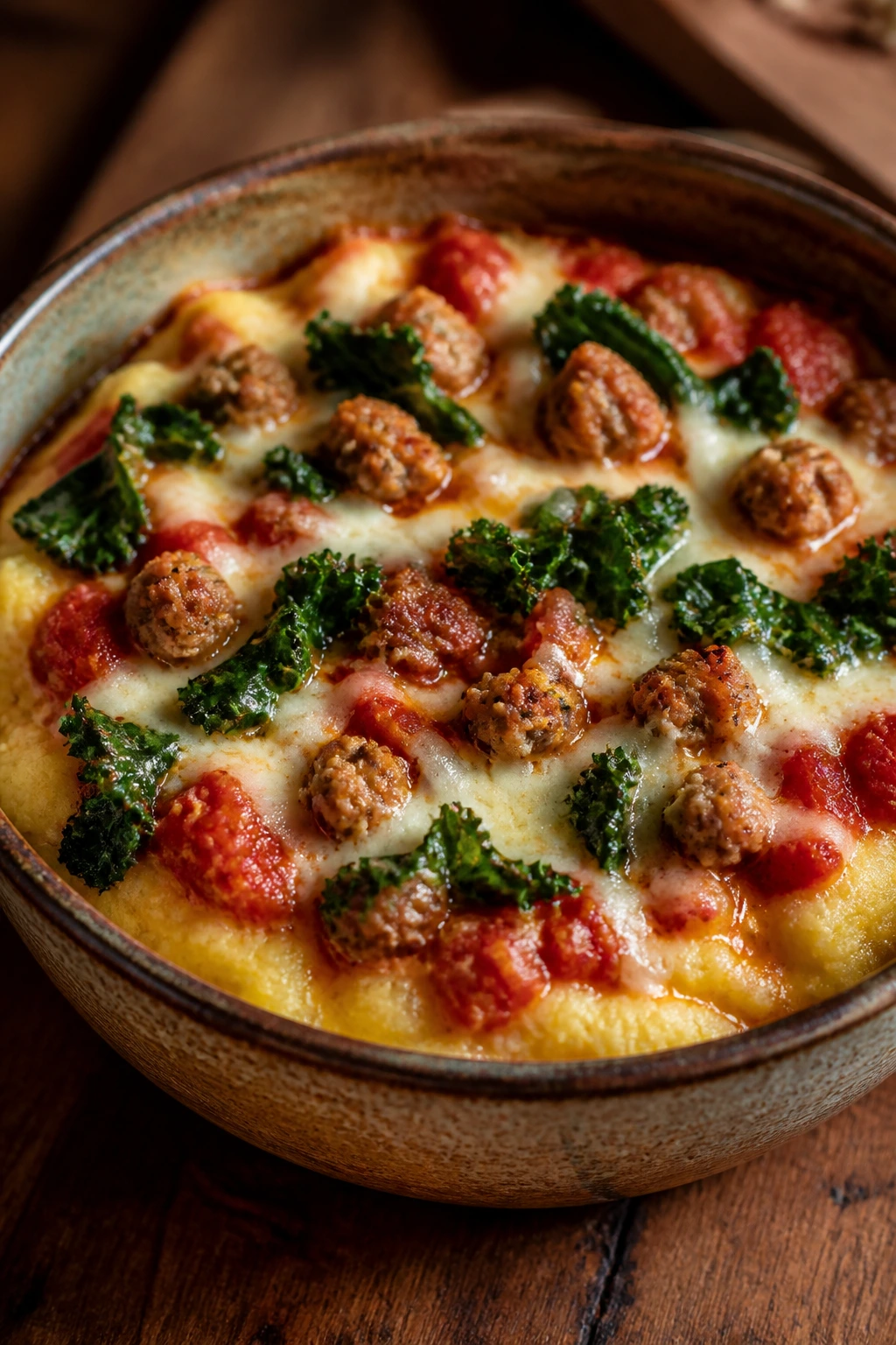Polenta-based pizza bowl with sausage and kale in a rustic kitchen setting