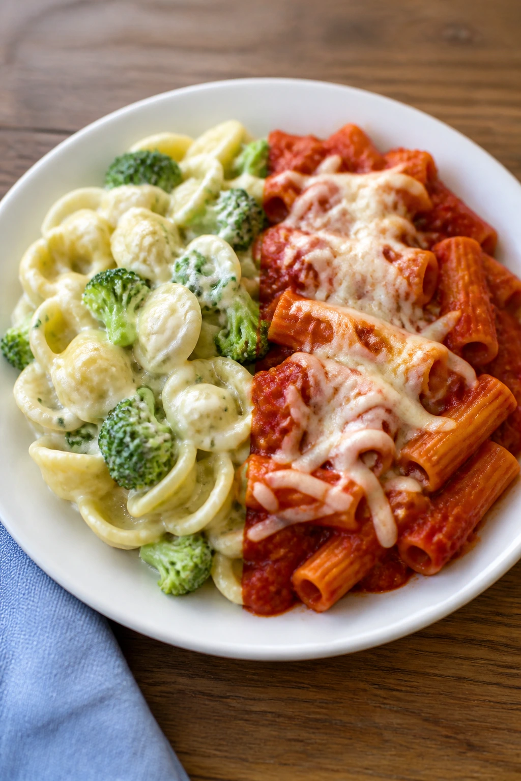 Plate split into two halves showing two kid-friendly dish variations