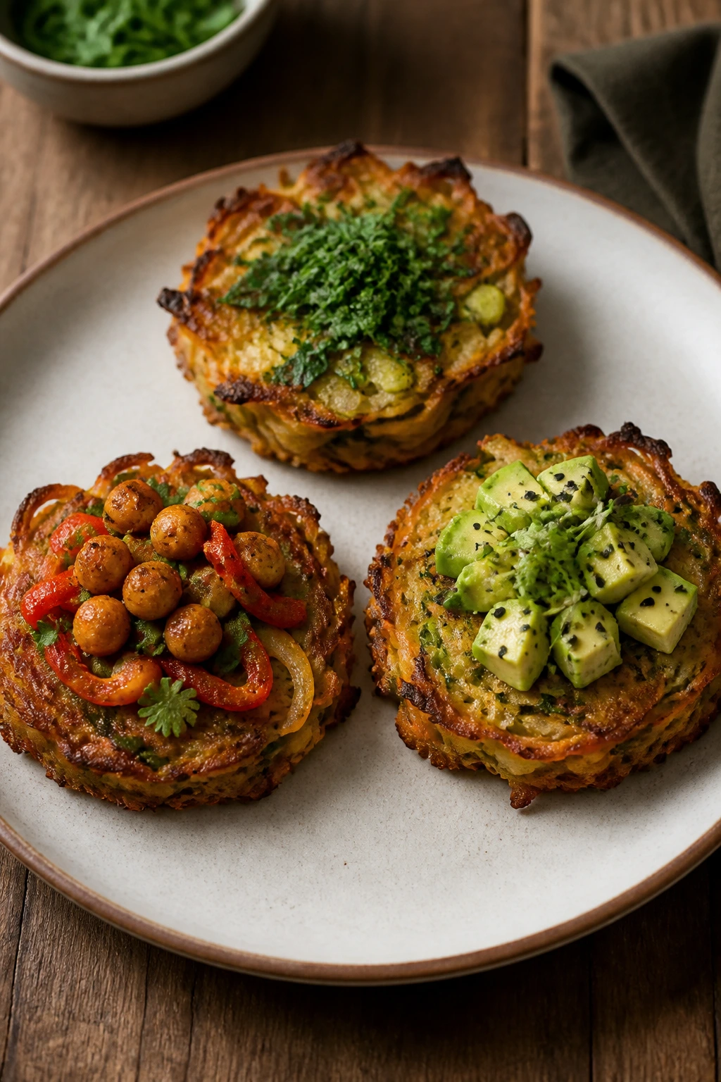 Plate with three crispy vegetable flowers showing variations