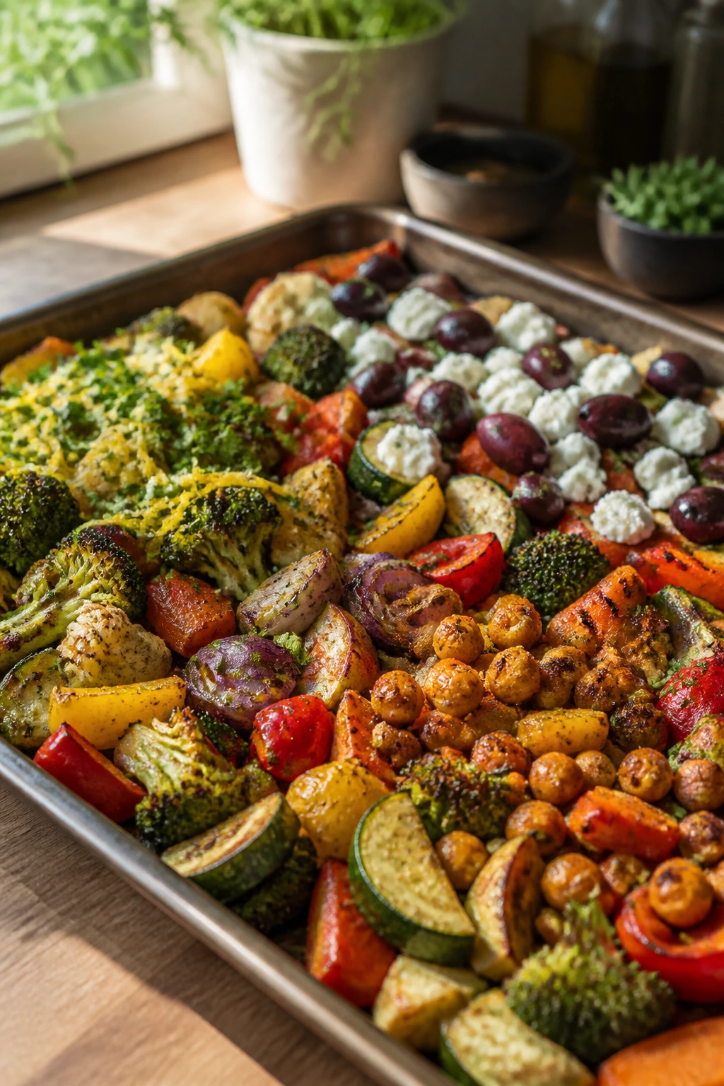 Roasted vegetables tray with varied toppings demonstrating variations