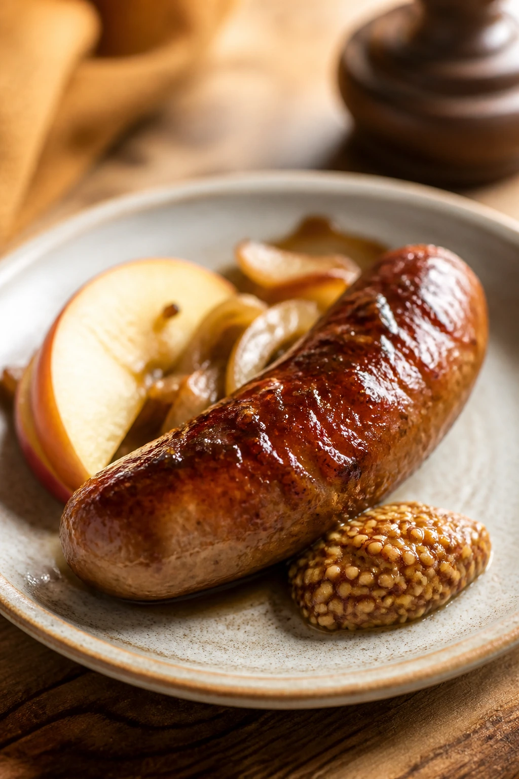 Plate of sausage with glaze, apple and mustard hints on a warm kitchen table