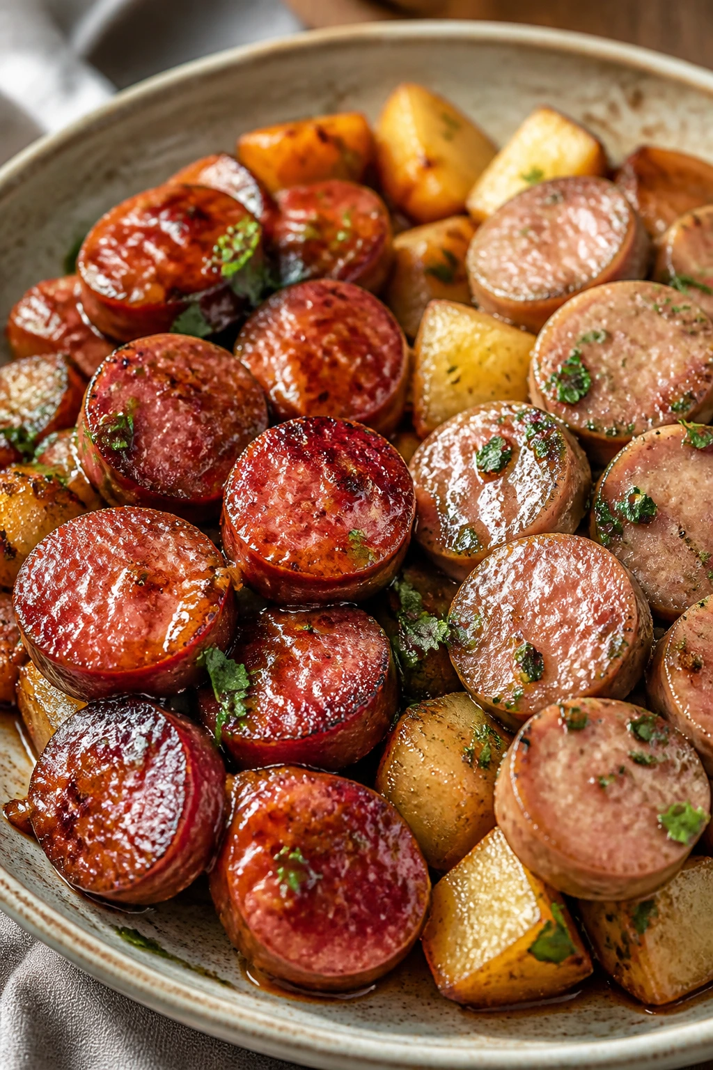 Plate showing two glaze variations on sausage dinner