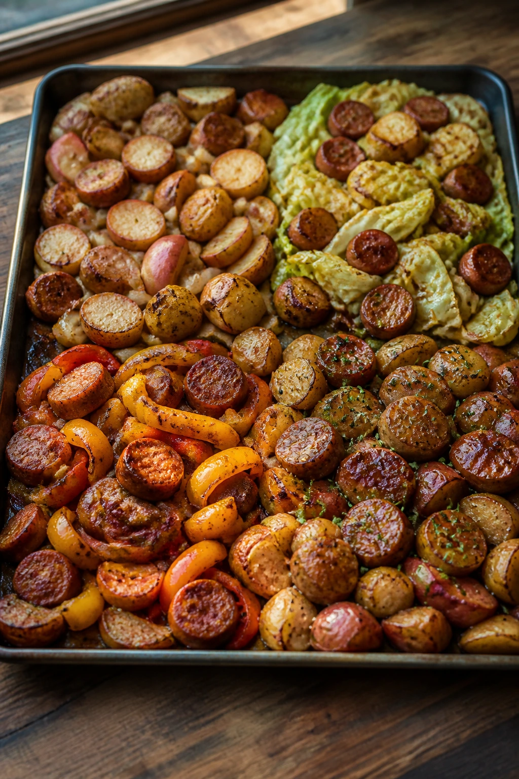 Sheet-pan sausage dinner with five variation sections on a wooden counter