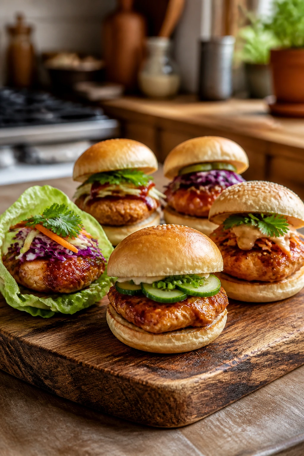 Close-up of a tray of five Asian chicken sliders with varied toppings on a wooden board in a cozy kitchen