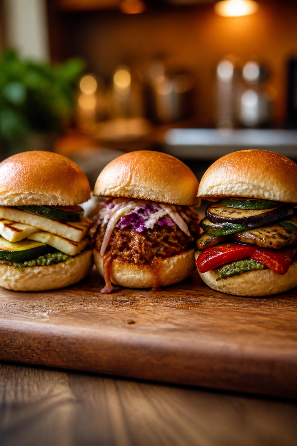 Three sliders on a board showing different sandwich variations