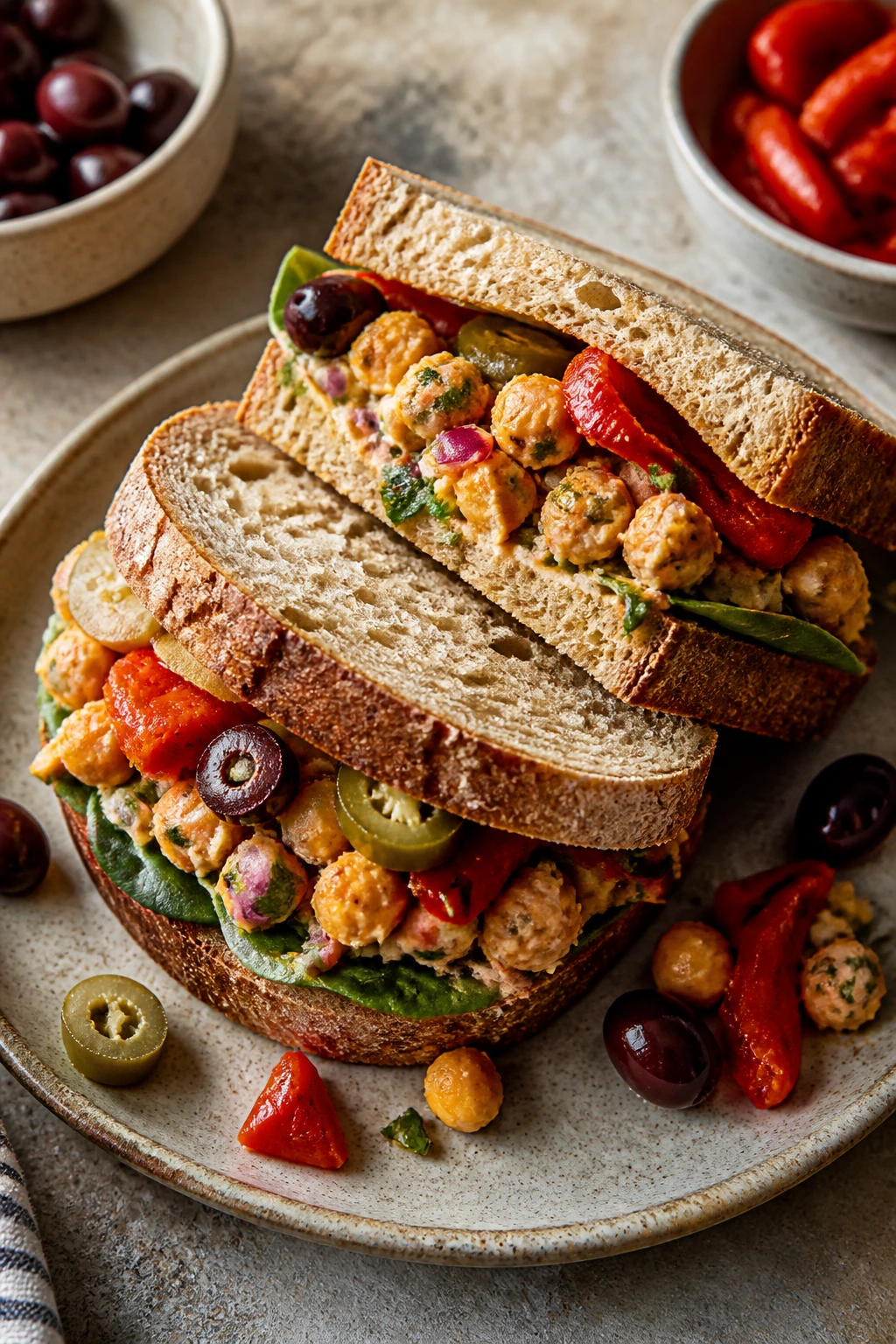 Close-up of a vegan chickpea sandwich showing variations like olives and roasted peppers