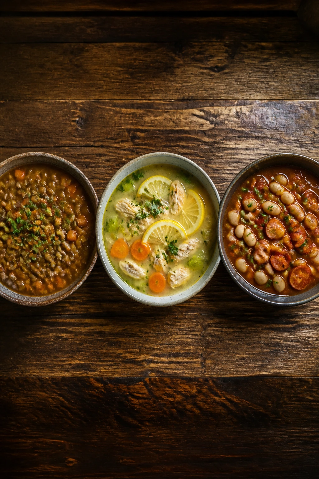 Top-down trio of bowls showing different winter soup variations