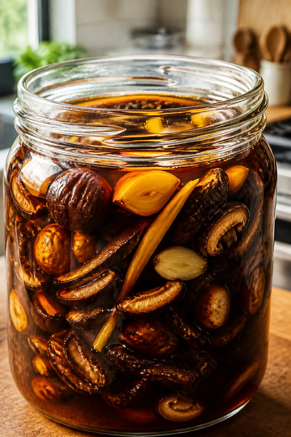 Close-up of aromatic soy sauce variation jar on a wooden kitchen counter