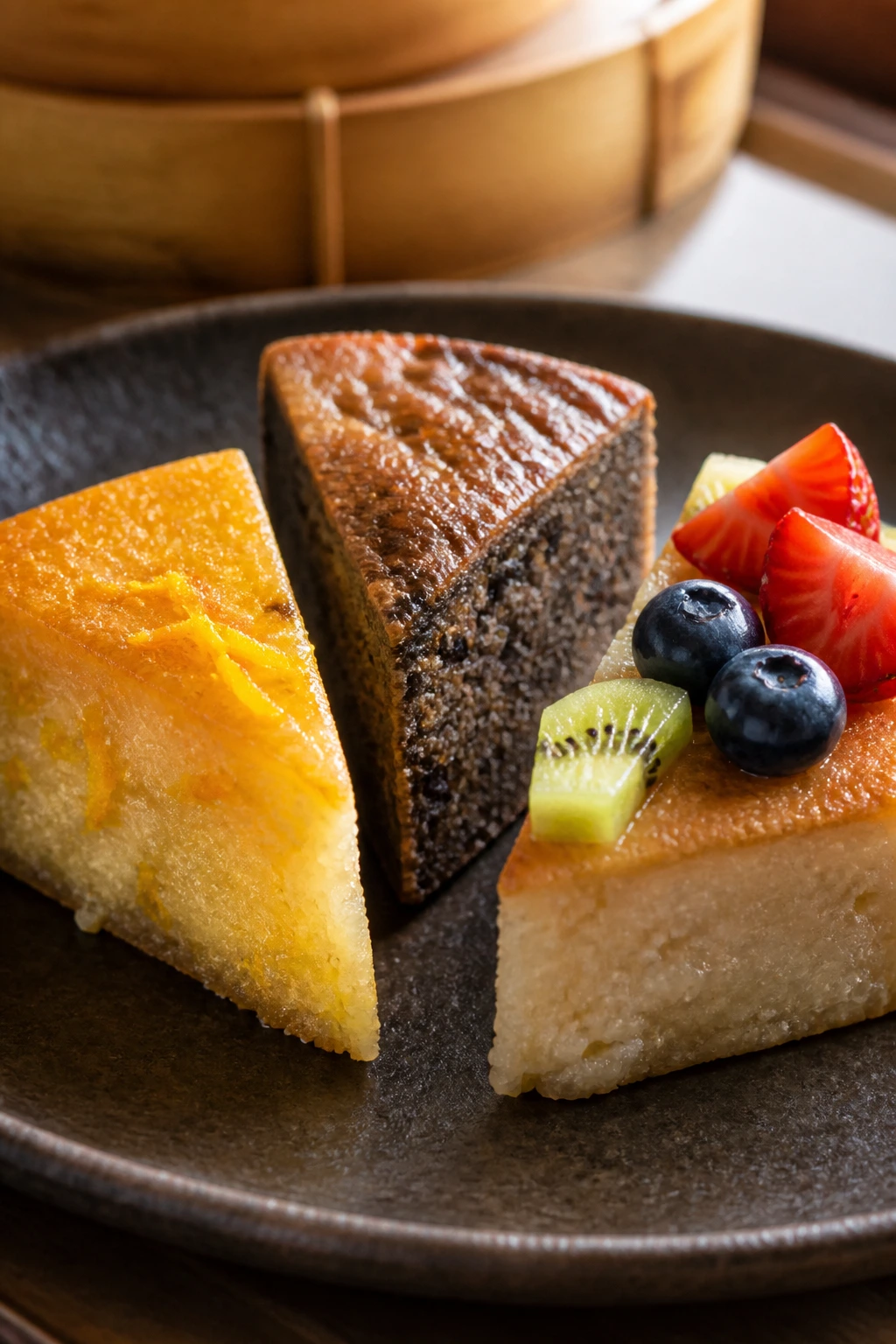 Three variation sticky rice cake slices: citrus, dark roasted, and fruit-topped.