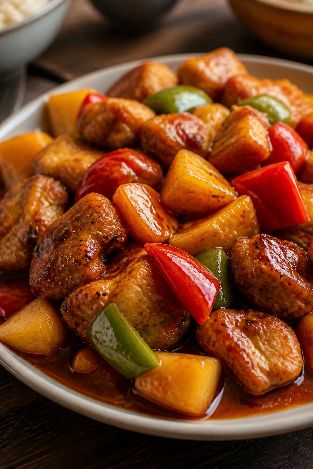 Plate of sweet-and-sour chicken with pineapple and peppers