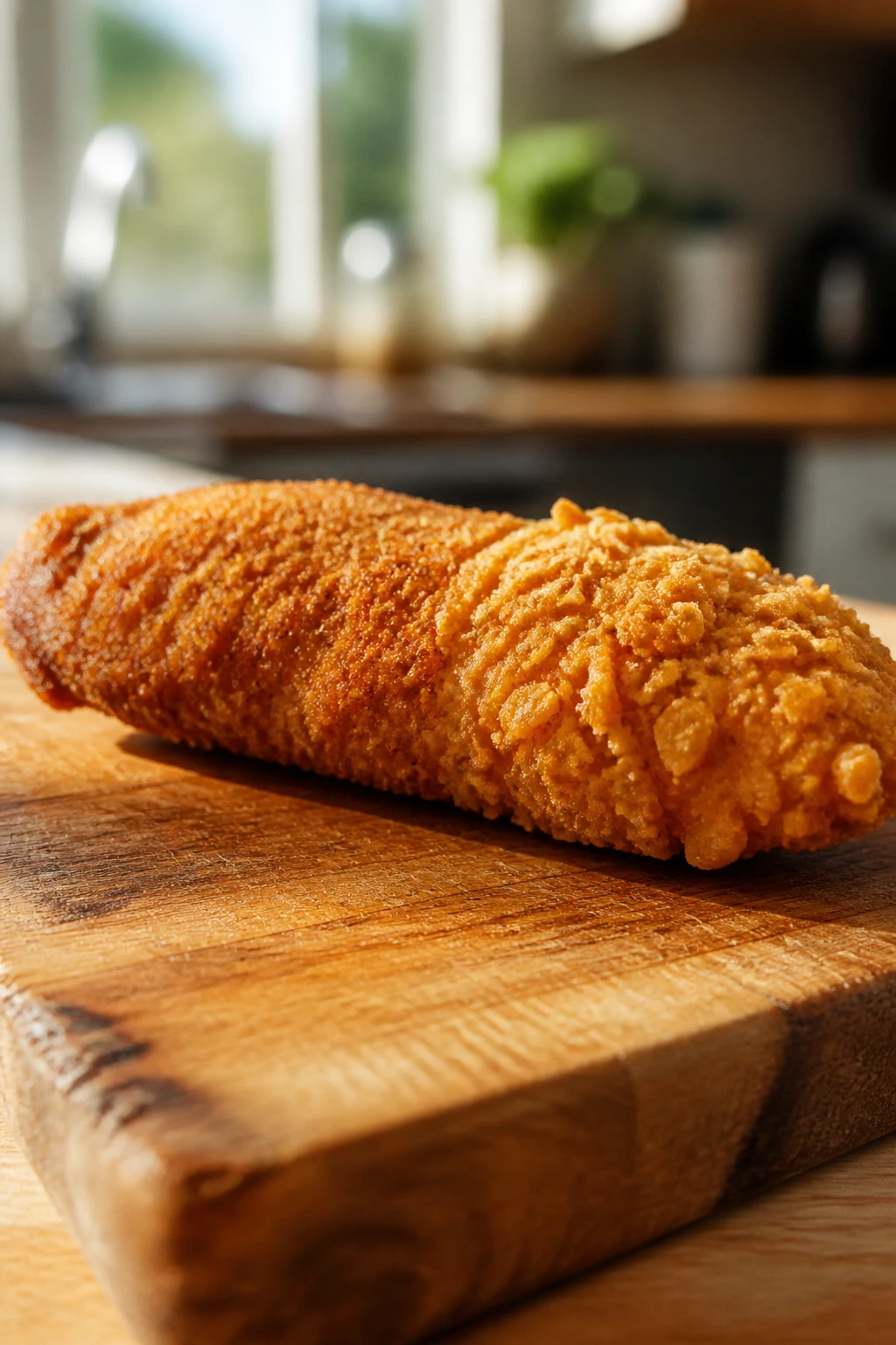 Chicken tender with two crust textures on a wooden board
