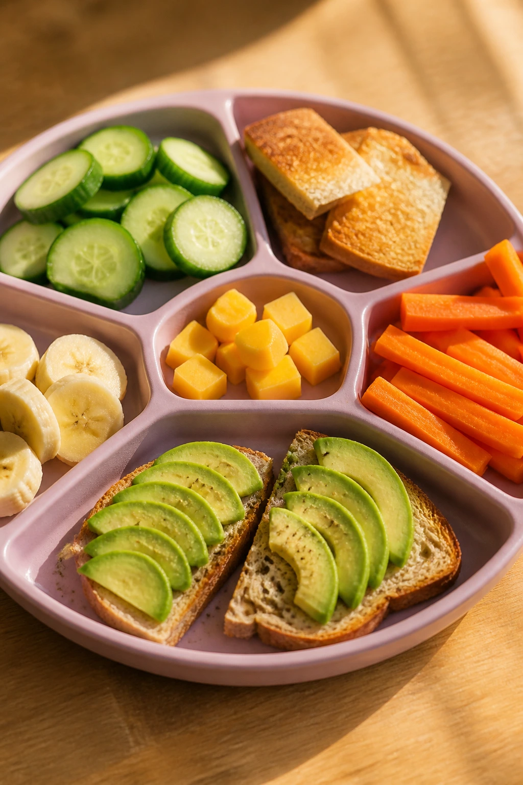 Plate showing age-based meal variations: tiny bites, crunchy textures, and dairy-free option