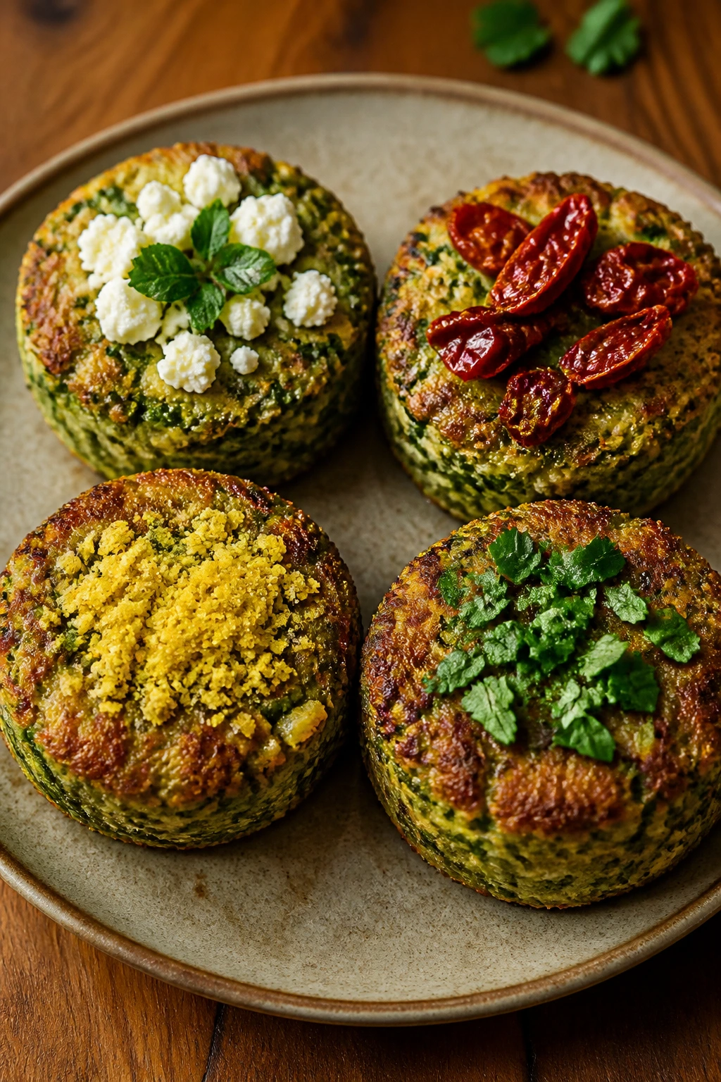 Plate of four veggie bites with varied toppings