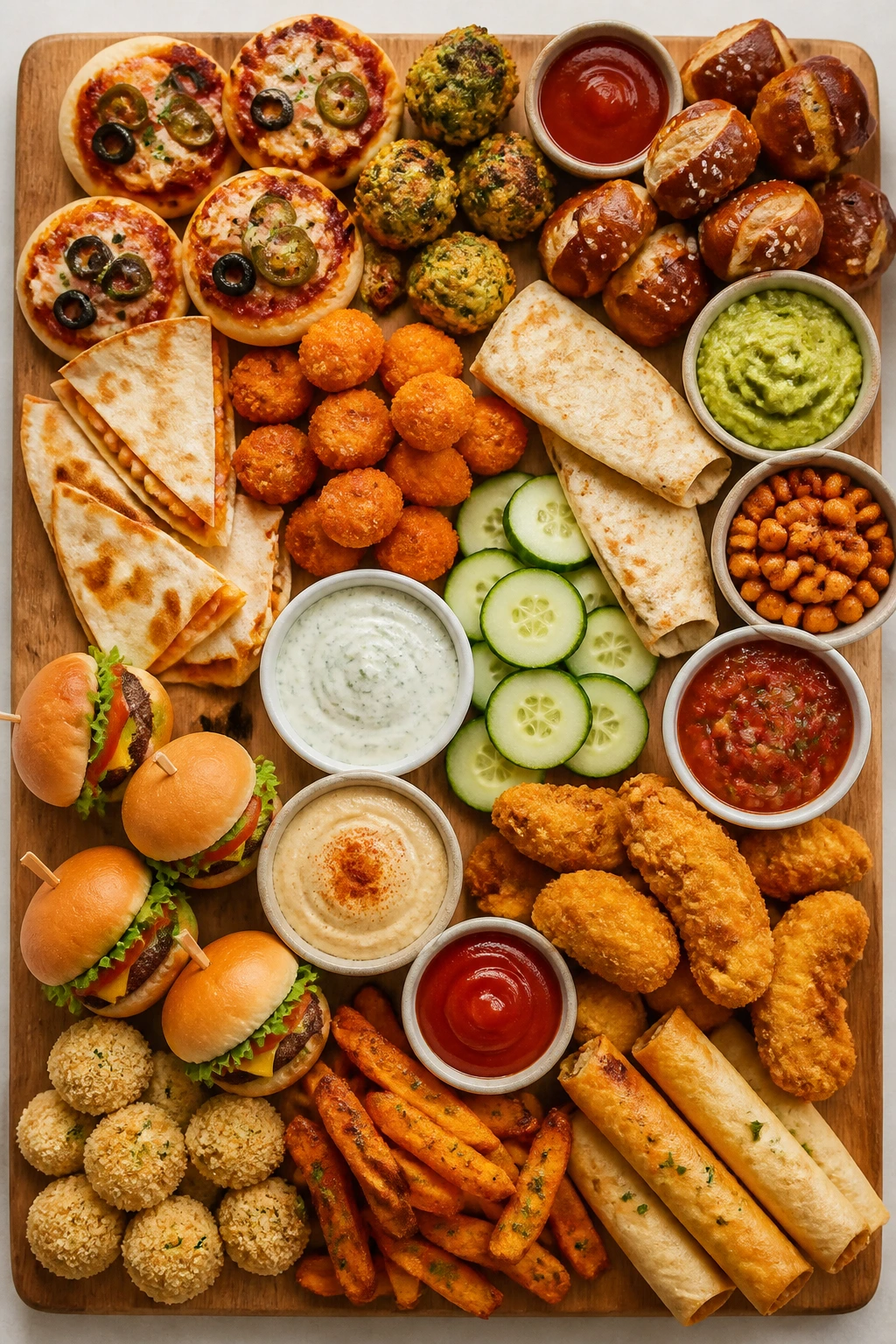 Top-down view of a vibrant snack board with veggie bites and gluten-free options.