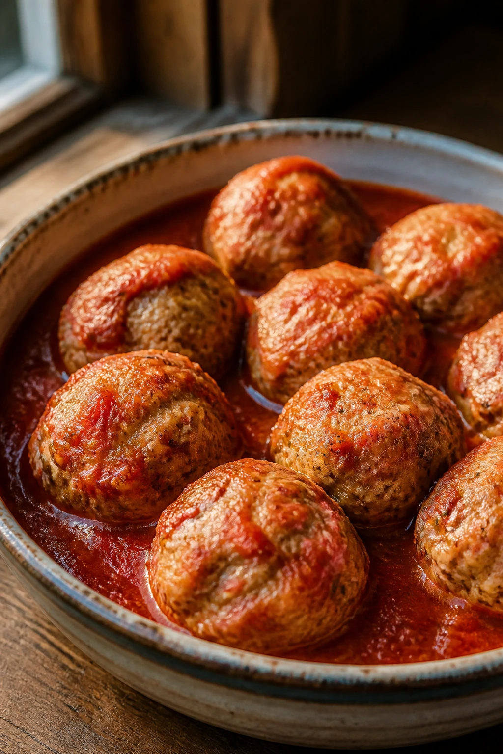 Close-up of tender veal meatballs in red sauce in a ceramic bowl