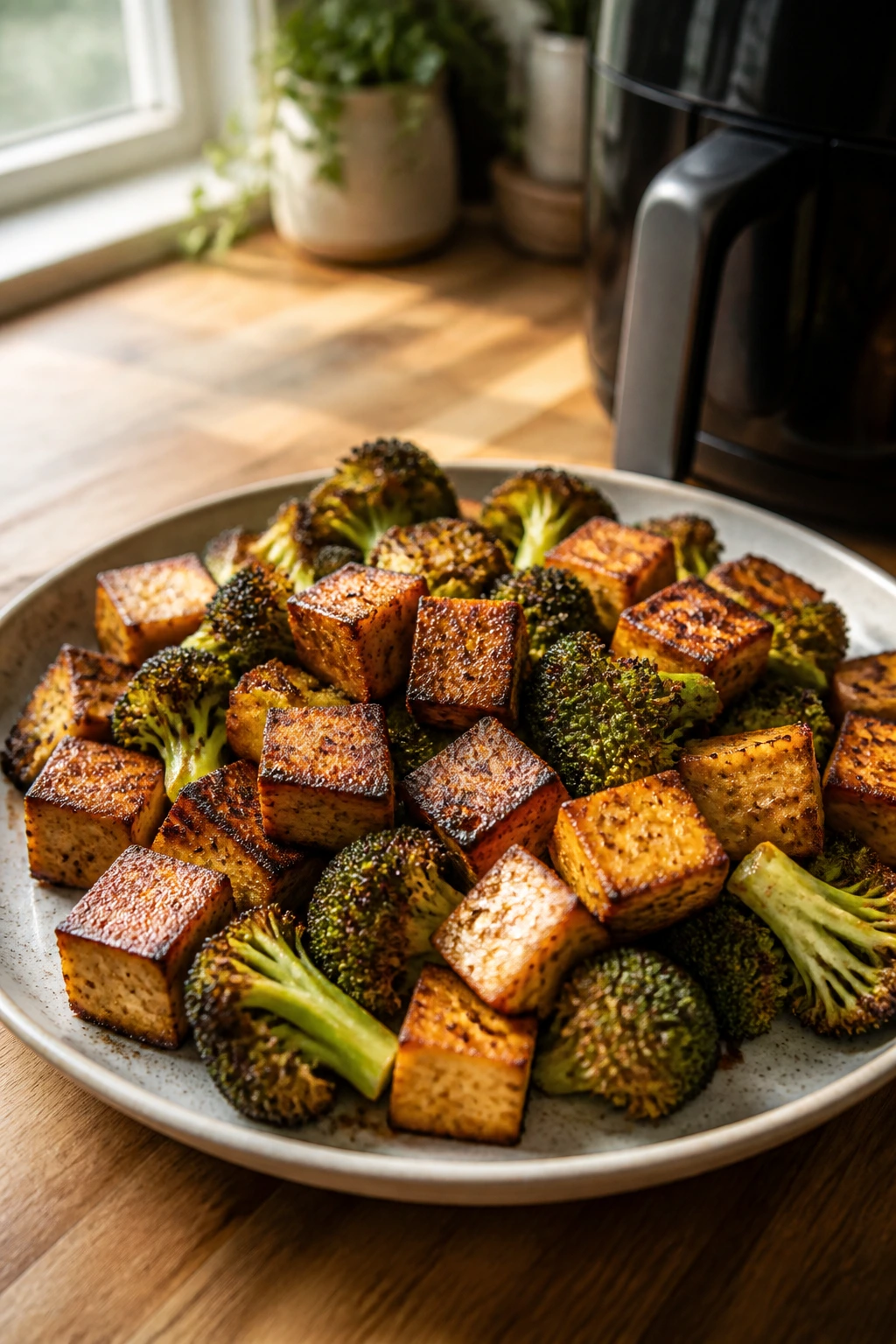 Close-up of crispy vegan air fryer dinner with tofu and broccoli on plate in a warm kitchen