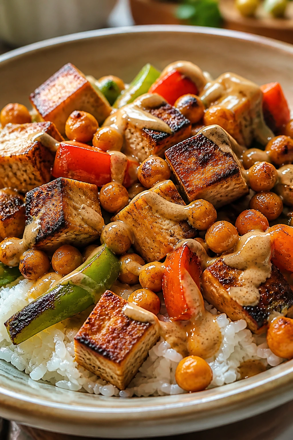Close-up plate with crispy tofu, chickpeas, peppers over rice in a warm kitchen