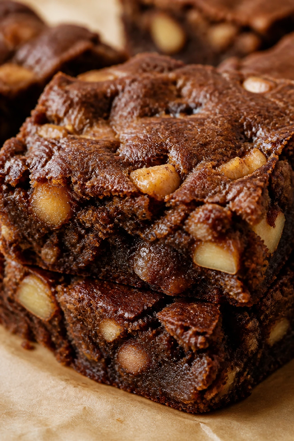 Close-up of a vegan applesauce apple brownie square with walnuts