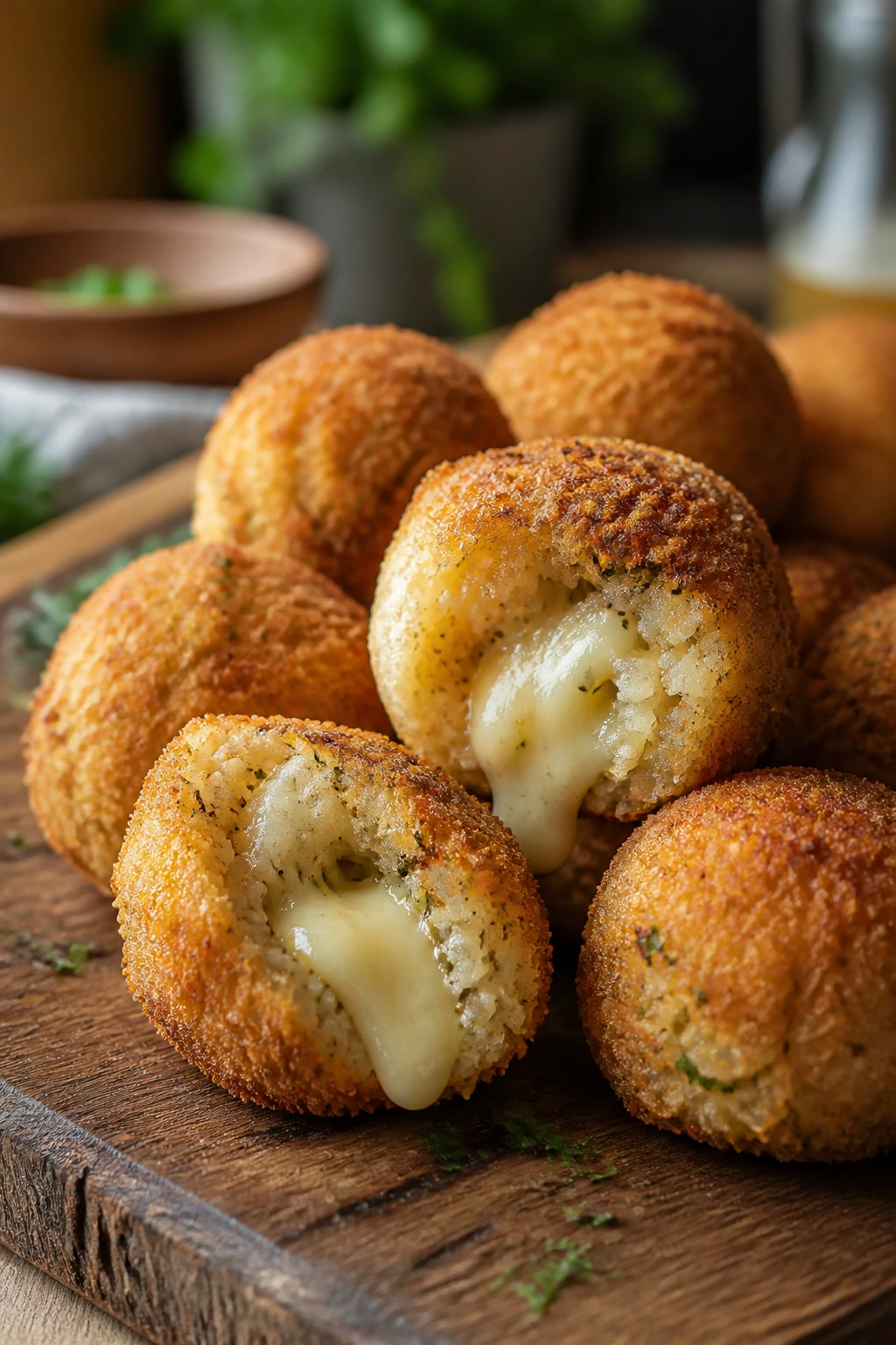 Close-up of crispy vegan arancini bites on a rustic plate with molten cheese hint
