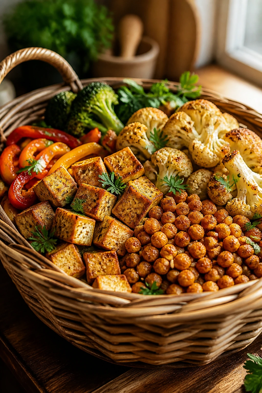 Close-up of a rustic woven basket filled with colorful vegan dinner ingredients on a wooden table