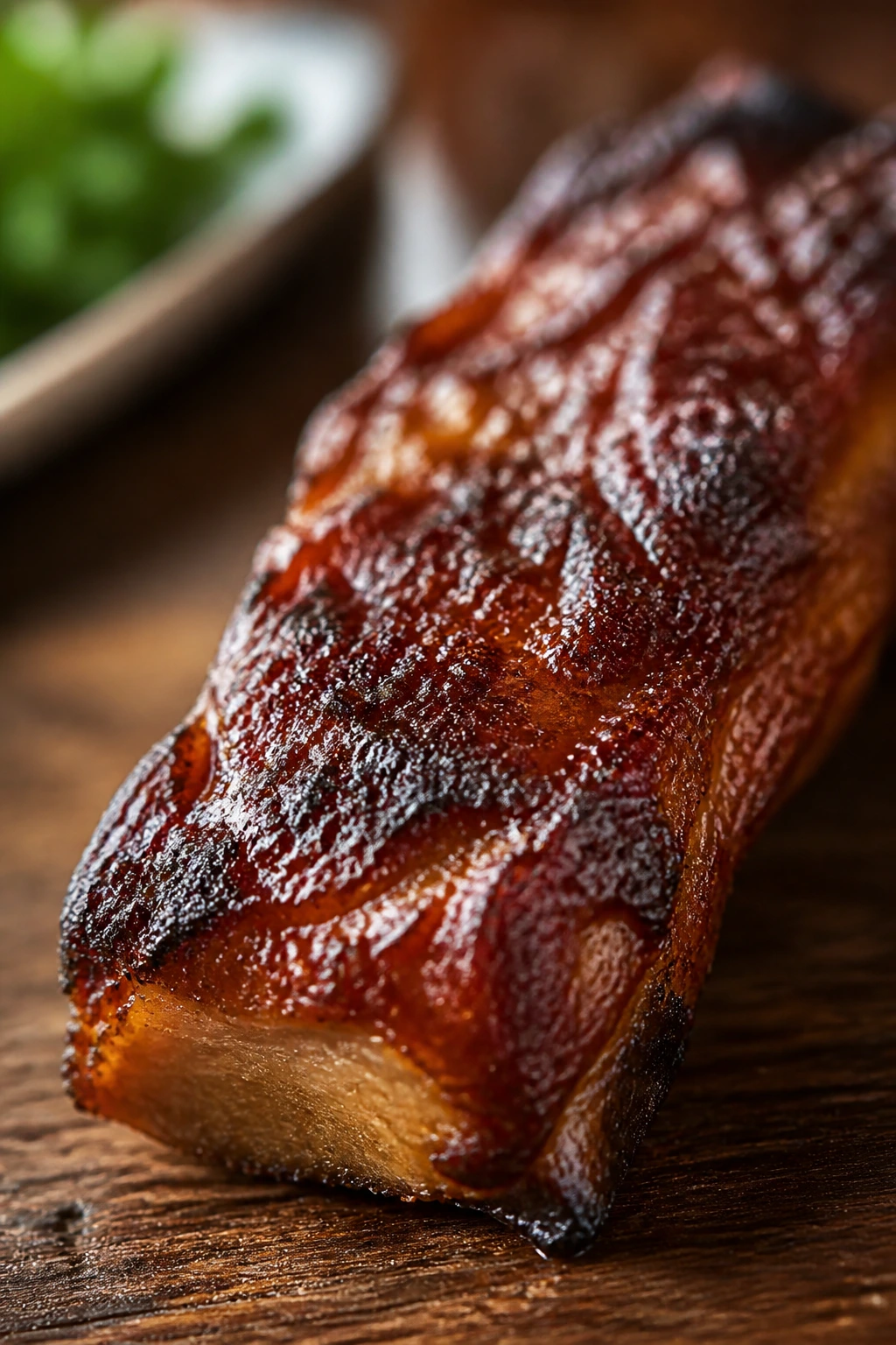 Close-up of a single crispy vegan BBQ rib with browned edge and glaze on a warm wooden table