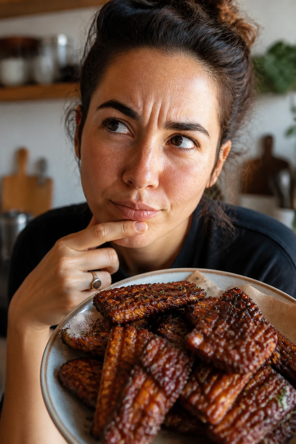 Real person in kitchen with plate of crispy vegan BBQ